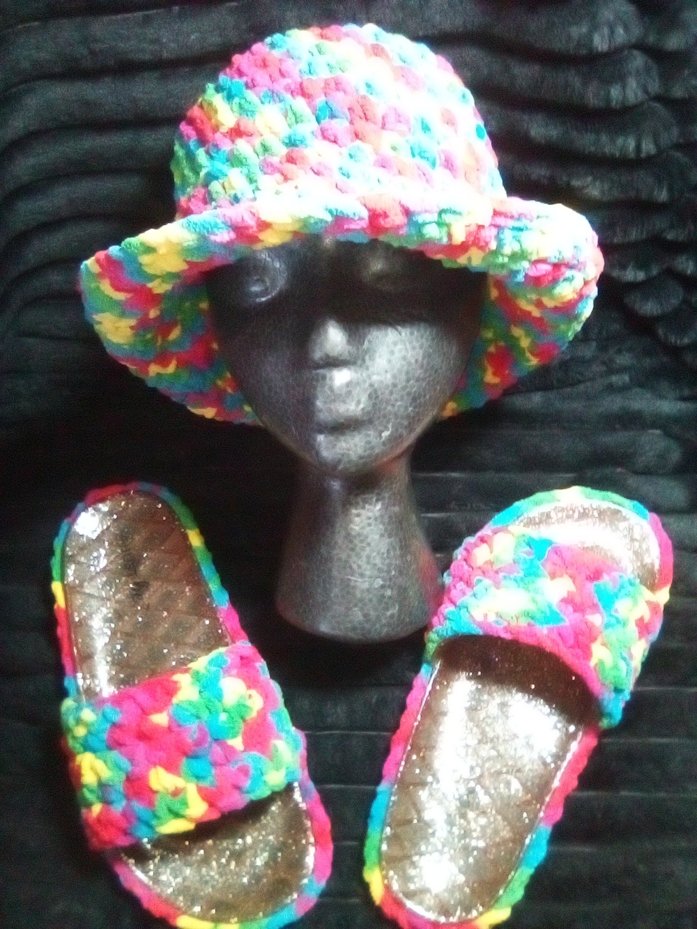 Women Multicolor Crochet Bucket Hat and Slide Sandals Set - Rainbow